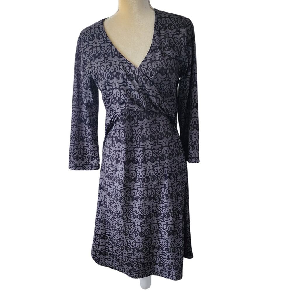 PrAna Gray Black Faux Wrap V-Neck Twist Midi Dress Size L